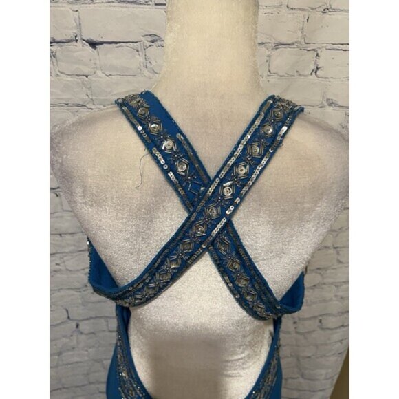 Vintage Niki Livas Women Formal Gown Size 12 Maxi Open Blue Evening Dress - Picture 10 of 13